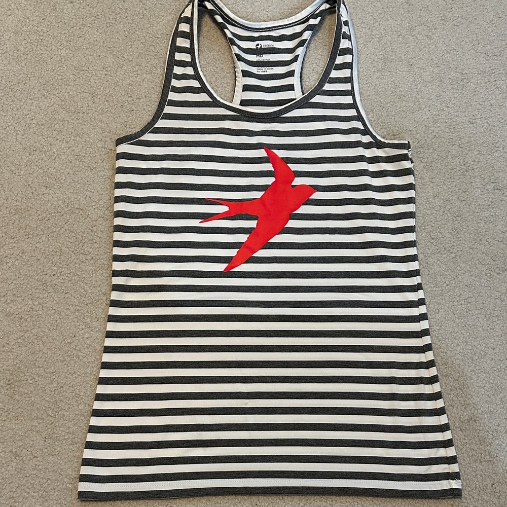 Oiselle sz M Grey and White Striped Tank with Red Bird